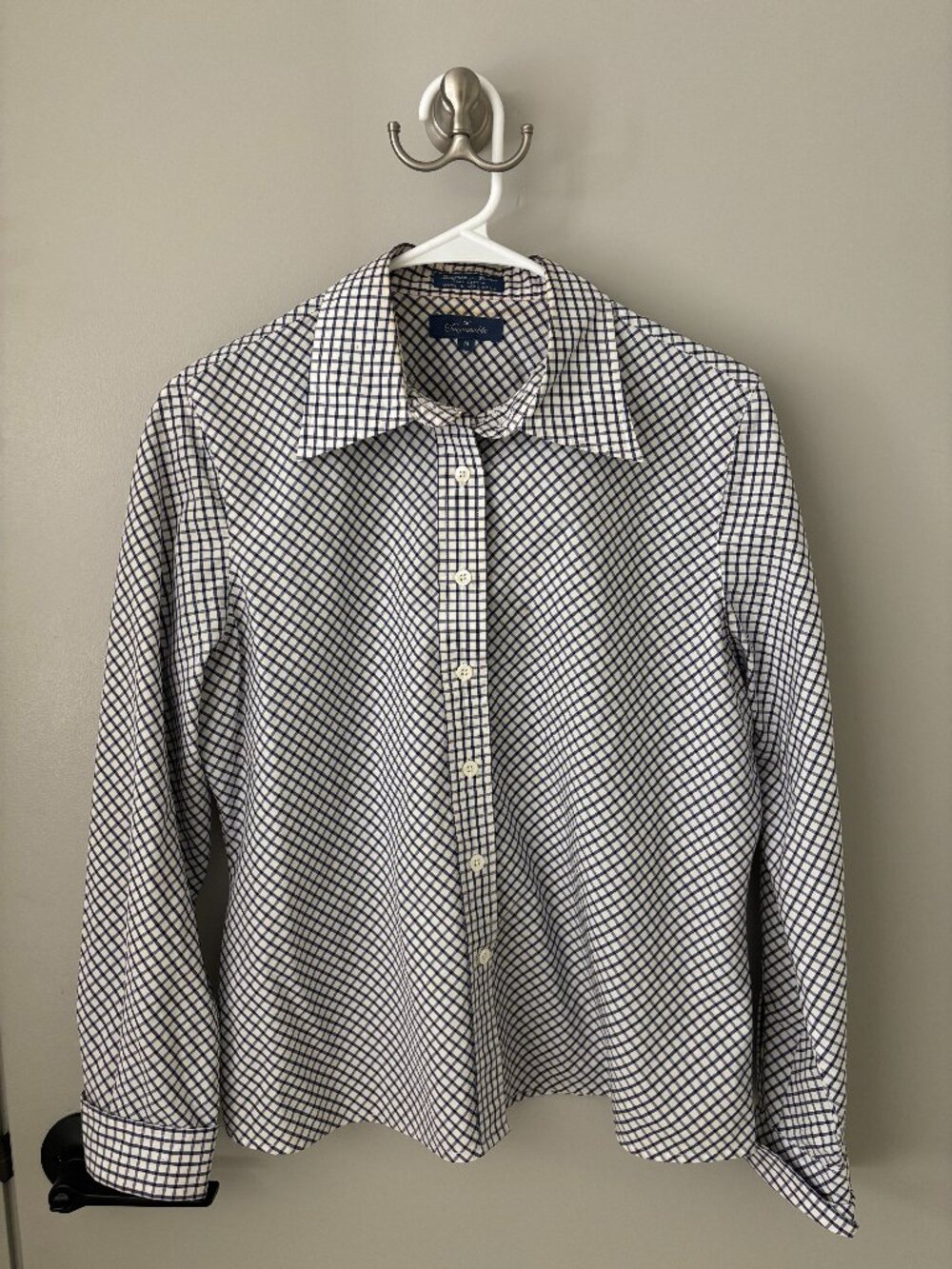 Façonnable Women’s Medium Blue White Check 100% Cotton Button Down Shirt